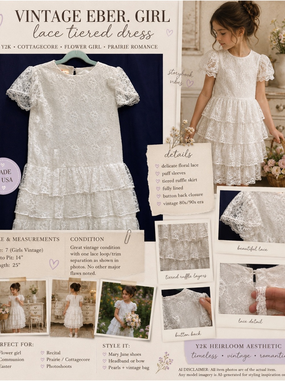 VTG 80’s Eber Girl White All Over Lace Tiered Dress Girls Sz 7 USA Wedding Party